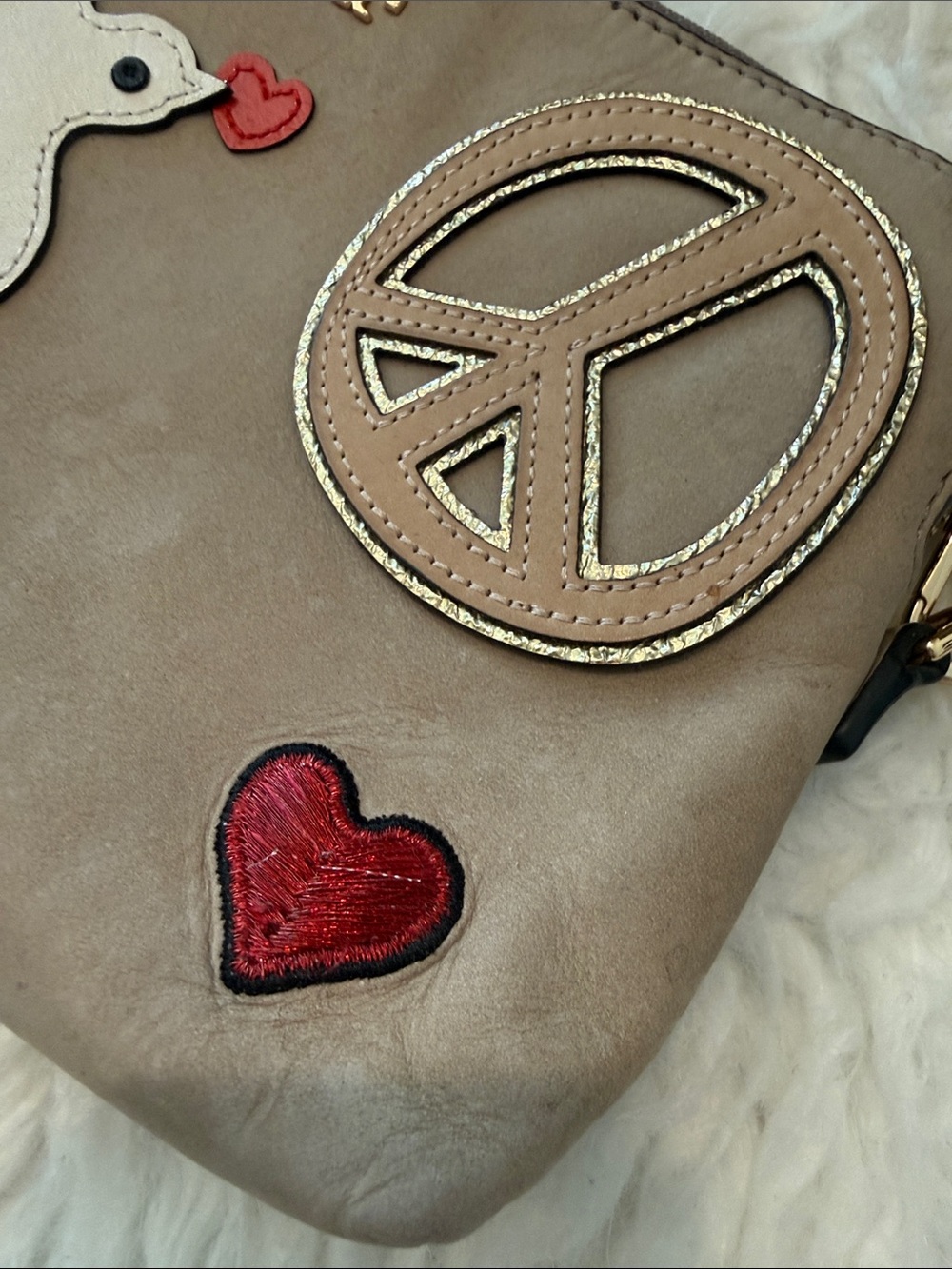 Tory Burch Taupe Leather Crossbody with Dove, Peace & Red Heart Accents - Picture 4 of 8